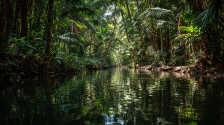 A tranquil jungle river flows through dense greenery, reflecting sunlight on the water's surface. This serene setting invites adventure and exploration.の素材