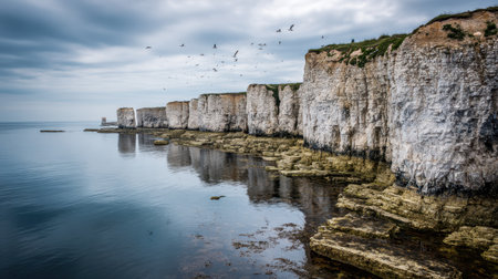Explore the serene beauty of coastal cliffs against an overcast sky, where calm waters reflect the dramatic terrain and birds soar above a tranquil landscape.の素材