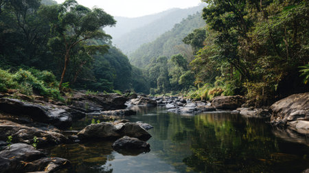 A tranquil river scene featuring lush green forests and majestic mountains, enveloped in a gentle mist, creating a serene atmosphere perfect for nature lovers.の素材