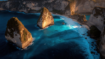 Capture the serene beauty of a rocky seascape featuring turquoise waters and dramatic cliffs under the warm glow of sunrise. Perfect for nature lovers.の素材