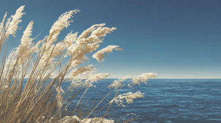 Inviting coastal scene showcasing tall grass swaying gently beside a calm blue ocean under a clear sky, perfect for invoking feelings of peace and relaxation.の素材
