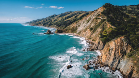 Captivating view of a coastal landscape with rugged cliffs meeting serene blue waters. The sunlight creates a tranquil atmosphere perfect for nature lovers.の素材