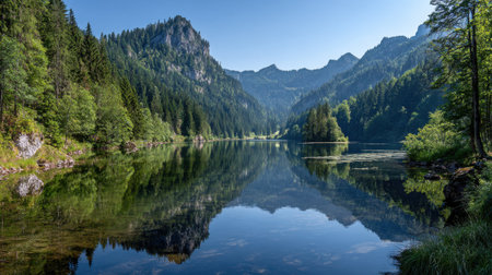 This breathtaking view captures a tranquil lake reflecting majestic mountains and lush forests, inviting outdoor enthusiasts to explore its serene beauty.の素材