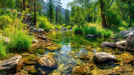 Discover a stunning natural landscape showcasing a clear stream surrounded by rocky terrain and lush vegetation. This serene setting embodies the beauty of the great outdoors.の素材