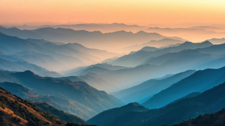 Experience the breathtaking beauty of layered mountains at sunrise, where soft hues blend in the sky and create a tranquil atmosphere perfect for any outdoor enthusiast.の素材