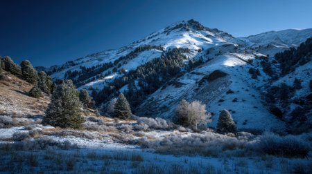 Stunning winter landscape featuring a snow-covered mountain and pine trees under a bright blue sky, capturing the essence of nature's beauty in a serene setting.の素材