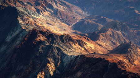 Discover a breathtaking aerial view showcasing dramatic mountain ranges with rich earthy tones, illuminated by the warm light of the golden hour, emphasizing nature's beauty.の素材