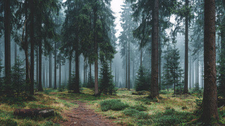 Discover a tranquil forest scene featuring a misty pathway bordered by towering coniferous trees and vibrant underbrush, inviting exploration in nature's embrace.の素材