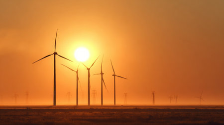 A stunning view of wind turbines standing tall against a breathtaking sunset, showcasing renewable energy generation. The serene landscape captures the beauty of nature.の素材