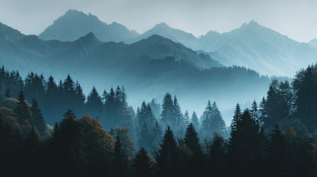 Explore the captivating beauty of misty mountains layered against a serene forest. This atmospheric landscape evokes a sense of tranquility and adventure in nature.の素材