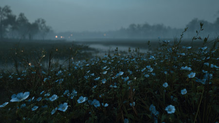 This image captures a tranquil misty landscape at dusk, showcasing delicate blue flowers in a serene setting, complemented by gentle reflections on calm waters.の素材