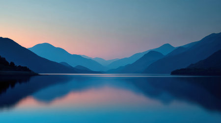 Discover the breathtaking beauty of a mountain lake at dawn, with stunning reflections on calm waters. This serene landscape captures tranquility and peacefulness.の素材