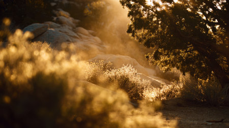 A breathtaking view of sunlight filtering through trees and brush, creating a serene golden glow in a natural landscape at dusk. Perfect for nature lovers.の素材