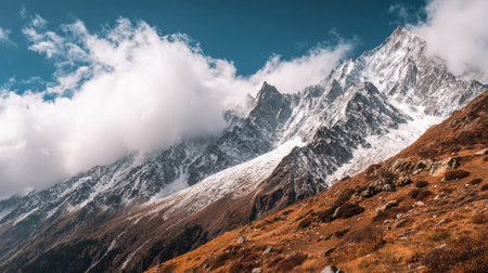 A breathtaking view of snow-capped mountain peaks under a clear blue sky, highlighted by dramatic clouds, showcasing the stunning beauty of nature's wilderness.の素材