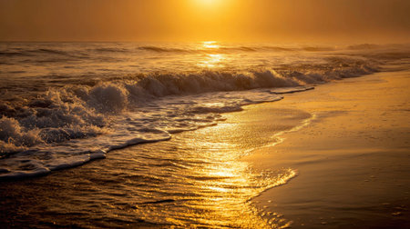 Captivating scene of a sunset over gentle ocean waves, showcasing soft golden reflections on water, evoking feelings of peace and natural beauty in a serene environment.の素材
