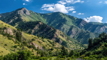 Breathtaking mountain landscape showcasing lush green hills under a clear blue sky, perfect for nature photography, outdoor activities, and serene escapes.の素材