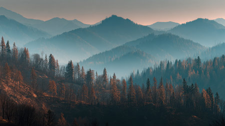 Experience a breathtaking mountain landscape at dawn, featuring layered peaks and misty forests. The serene atmosphere radiates tranquility and natural beauty.の素材