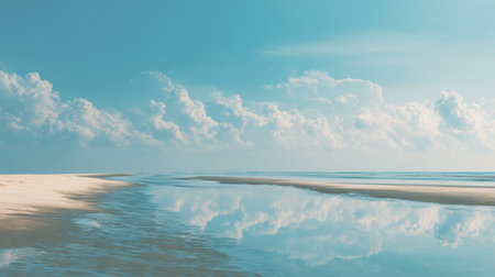 A breathtaking coastal scene showcasing a beautiful beach under a clear sky, featuring fluffy clouds mirrored in the still water, ideal for relaxation themes.の素材