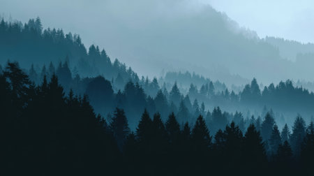Explore the beauty of a misty forest at dusk, where layers of evergreen trees create a tranquil atmosphere under a soft foggy sky. Ideal for nature themes.の素材