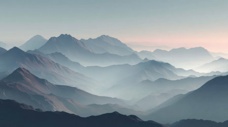 Experience a breathtaking mountain landscape at dusk featuring layered fog and soft color gradients that evoke a sense of peace and adventure in nature.の素材