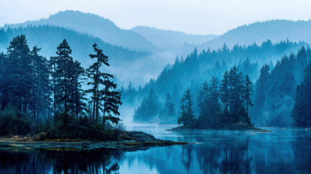This stunning misty landscape captures the serene beauty of nature, featuring calm waters reflecting the towering trees and majestic mountains against a blue atmosphere.の素材