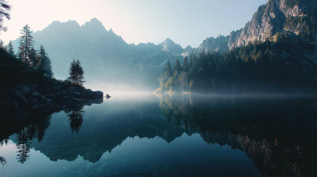 Experience the tranquility of a misty morning by a serene lake surrounded by majestic mountains and forests, perfect for nature lovers and adventure seekers.の素材