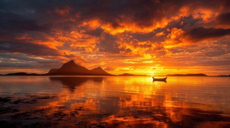 A breathtaking sunset illuminates the sky with vibrant shades of orange and yellow, creating a peaceful scene with a small boat reflecting on tranquil waters and majestic mountains.の素材