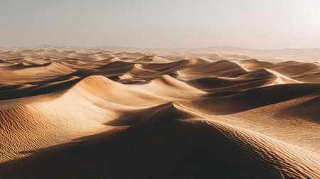This stunning image captures a tranquil desert landscape, featuring undulating sand dunes illuminated by soft light, creating a serene atmosphere filled with golden colors.の素材
