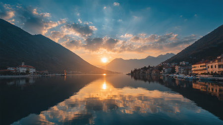 Experience a breathtaking sunset over calm waters, reflecting majestic mountains and a charming lakeside town, creating a tranquil and picturesque scene.の素材