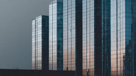 A vibrant capture of modern glass skyscrapers reflecting the warm hues of sunset, embodying urban design and contemporary architectural beauty in the city.の素材