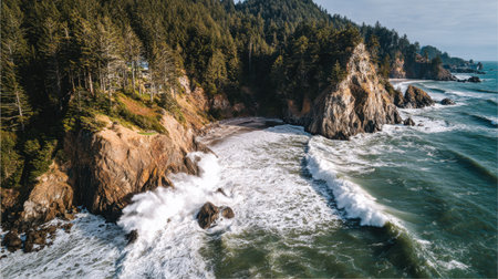 Discover the breathtaking view of a rugged coastline where waves crash against rocky formations, surrounded by lush greenery under a clear blue sky.の素材