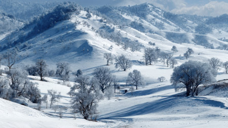 A breathtaking snowy landscape showcases frosted trees and rolling hills under a clear blue sky, creating a tranquil winter scene that invites exploration and serenity.の素材