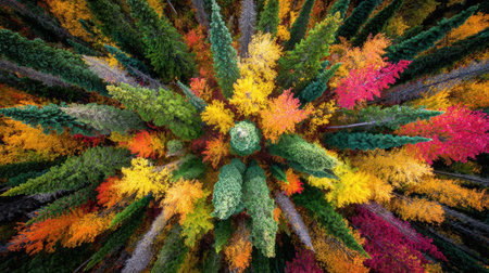 This stunning aerial shot captures a diverse autumn forest bursting with vivid colors of red, orange, yellow, and green, showcasing nature's breathtaking seasonal transformation.の素材