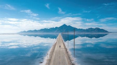 A captivating view of a solitary road stretching over calm water, bordered by mountains and illuminated by a clear sky, embodying tranquility and adventure.の素材
