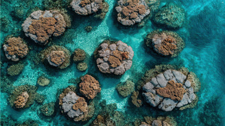 Stunning aerial view captures rocky coral reefs in crystal-clear turquoise water, showcasing the beauty and serenity of a vibrant marine ecosystem and landscape.の素材