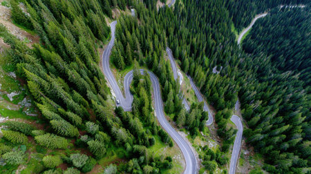 An breathtaking aerial view showcasing a winding mountain road, meandering through a dense forest filled with lush green trees, highlighting nature's beauty.の素材