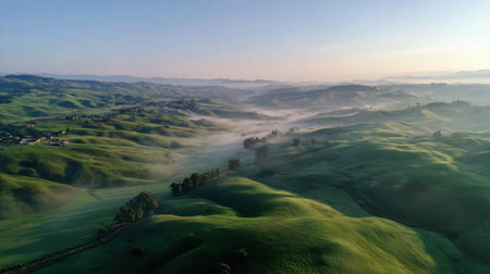 Experience the beauty of nature with this stunning aerial view of green rolling hills shrouded in morning fog, revealing a peaceful and tranquil landscape.の素材