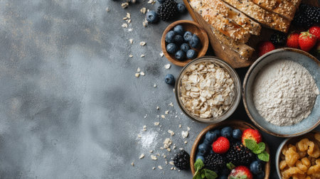A selection of whole grain bread, vibrant berries, and oats arranged beautifully on a textured table, ideal for a healthy breakfast or snack option.の素材