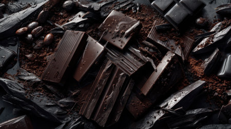 An artistic arrangement of rich dark chocolate pieces and cocoa beans on a slate surface, showcasing textures and flavors perfect for gourmet food inspiration.の素材