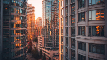 A stunning urban skyline captured at sunset, featuring contemporary glass buildings reflecting the warm golden light. A vibrant city scene filled with life.の素材