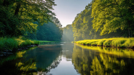 This captivating river scene captures the beauty of nature with gentle waters reflecting vibrant trees in the morning light, creating a serene and peaceful atmosphere.の素材