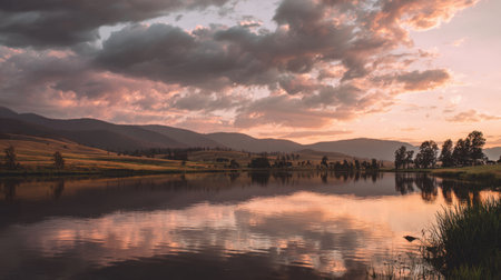 A stunning landscape featuring a serene lake at sunset, with vibrant reflections of mountains and a colorful sky. Perfect for nature lovers and serene backgrounds.の素材