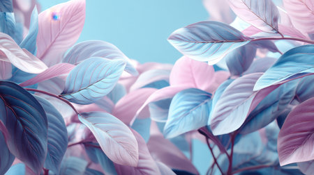 Delicate pink and blue leaves create a serene and dreamy atmosphere, perfect for nature-inspired designs or tranquil backgrounds in your creative projects.の素材