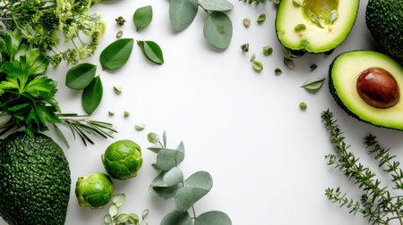 A beautiful arrangement showcasing fresh green avocados, delicate herbs, and vibrant leaves on a clean white background, perfect for healthy food themes and natural aesthetics.の素材