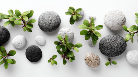 A calming composition featuring black and white stones interspersed with vibrant green leaves, creating a peaceful and tranquil atmosphere perfect for design.の素材