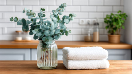 This serene kitchen scene features a stylish eucalyptus arrangement in a glass vase alongside soft white towels, reflecting a calming and natural interior design.の素材