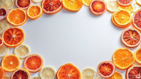 A vibrant and colorful display of sliced citrus fruits, featuring oranges, blood oranges, and lemons, beautifully arranged on a neutral background to emphasize freshness.の素材