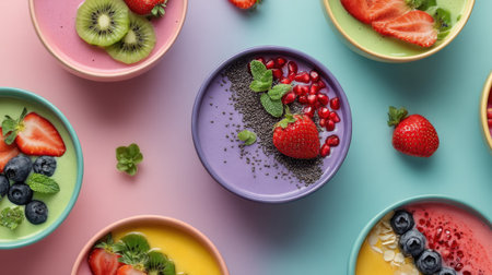 Bright, vibrant smoothie bowls filled with fresh fruits like kiwi and strawberry, perfect for healthy breakfasts or snacks, showcasing vibrant colors on a pastel backdrop.の素材