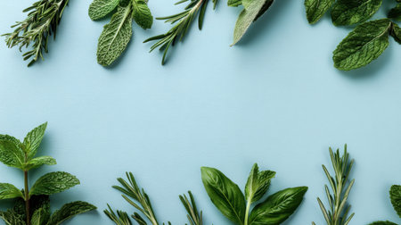 This image features an arrangement of fresh green herbs including mint, rosemary, and basil on a pastel blue surface, perfect for culinary inspiration and lifestyle projects.の素材