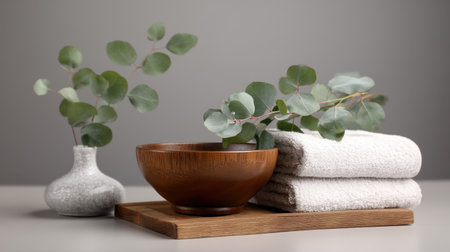 This elegant spa arrangement features a wooden bowl, plush towels, and fresh eucalyptus, creating a serene and calming atmosphere for relaxation and wellness.の素材